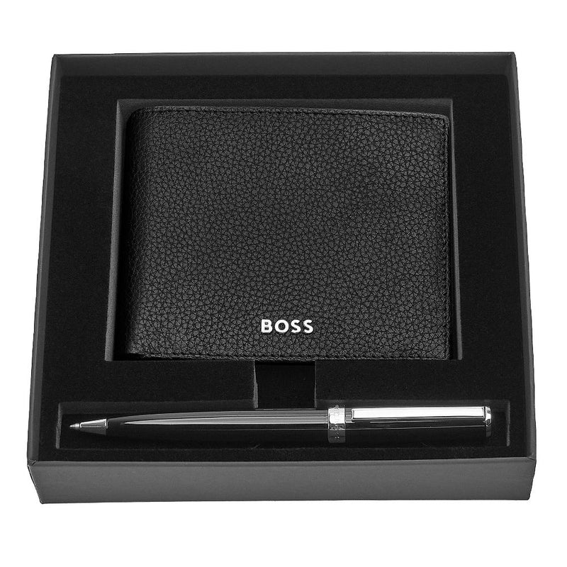 HUGO BOSS Luxury Black Leather Slim Wallet & Pen Set